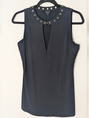 Worth Womens Gold Embellished Top Sleeveless Dark Navy Size S V-neck Office EUC